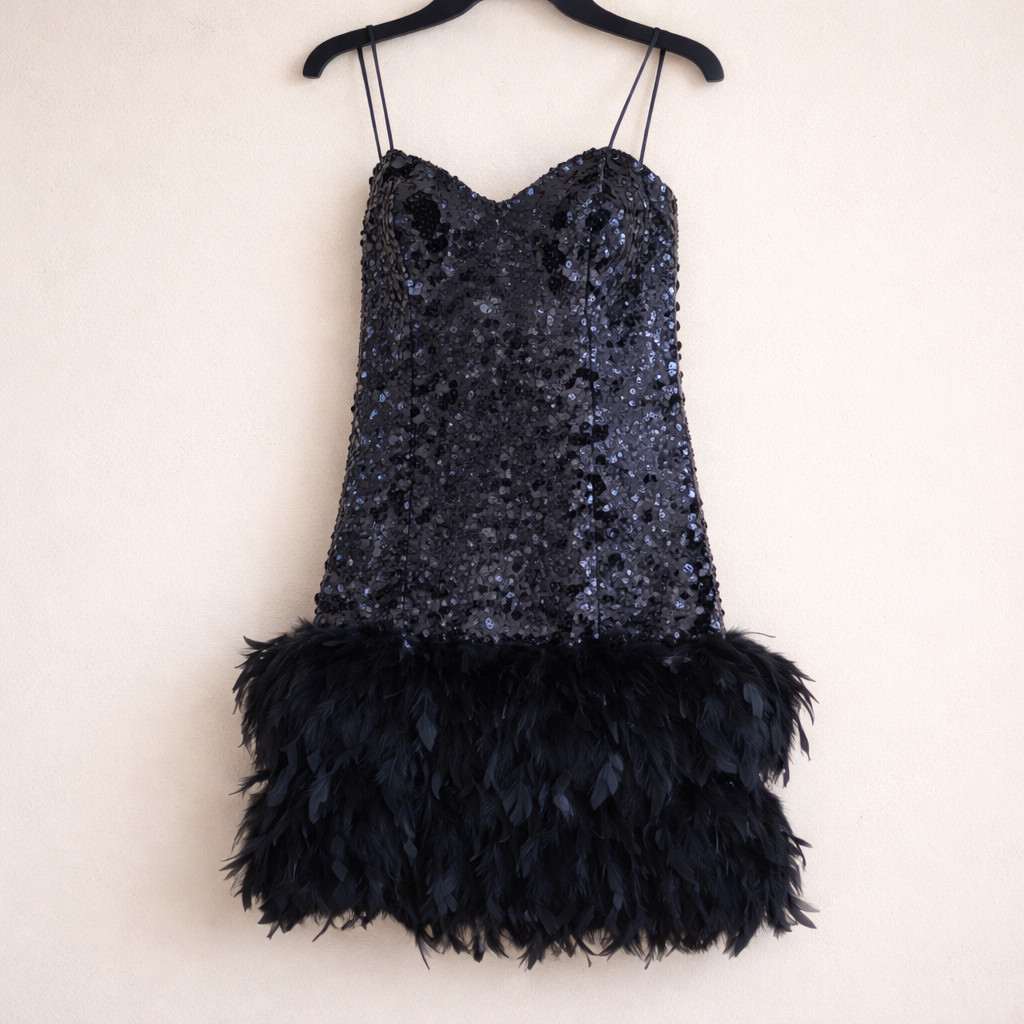 VTG 80s John Charles Strapless Sequin Feather Flapper Dress US 6 Gatsby