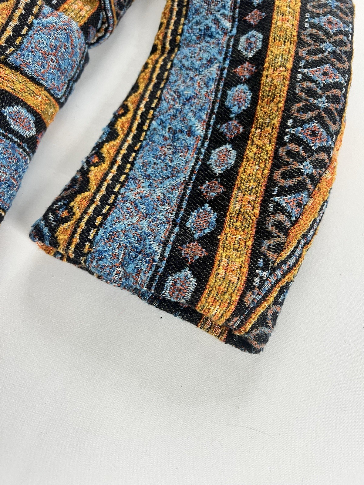 1970s Coat Colorful Tapestry Carpet Jacket Belt Toggle Button Amazing Aztec