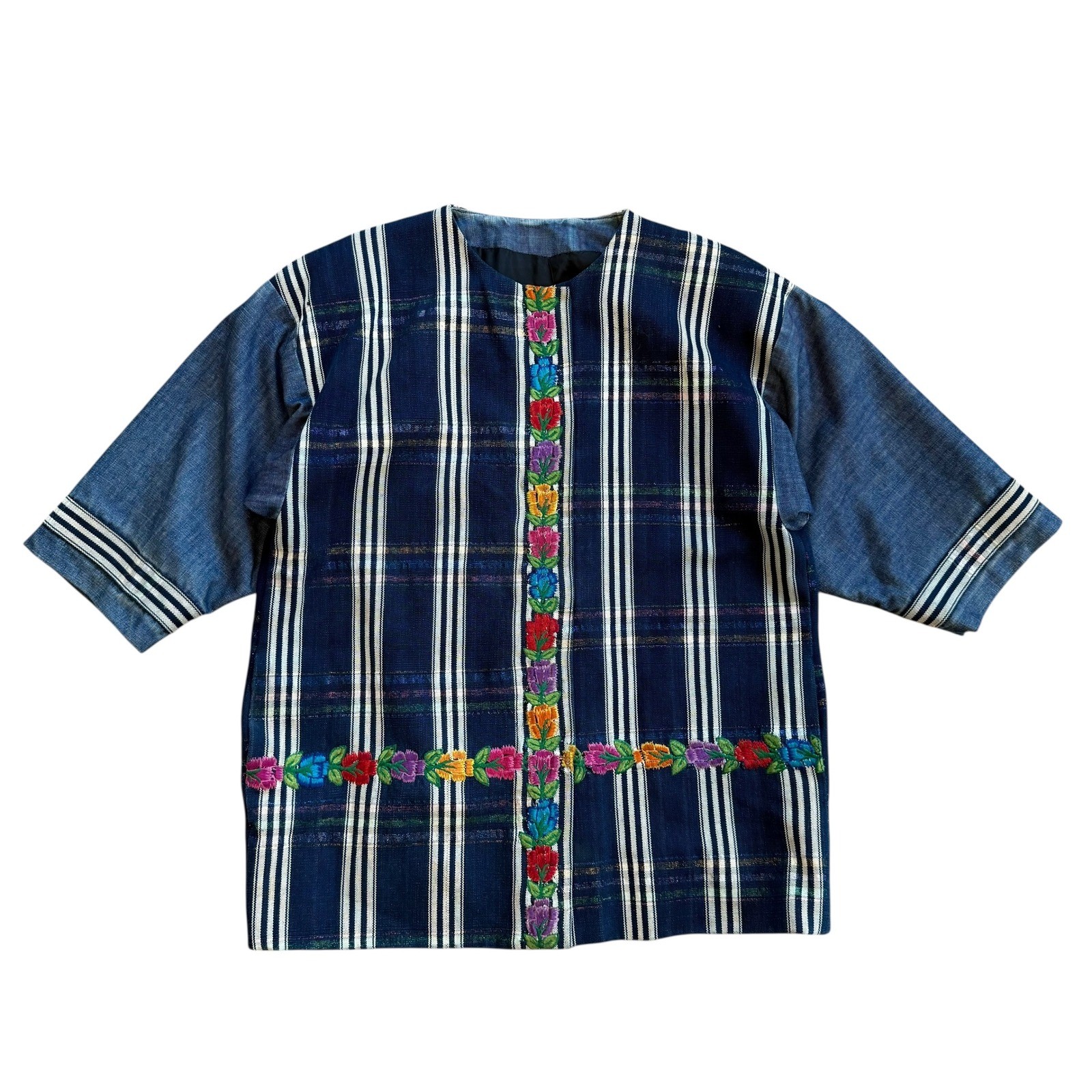 Artisanal Indigo Striped Floral Embroidered Tunic Top Denim Sleeves Boho Tunic