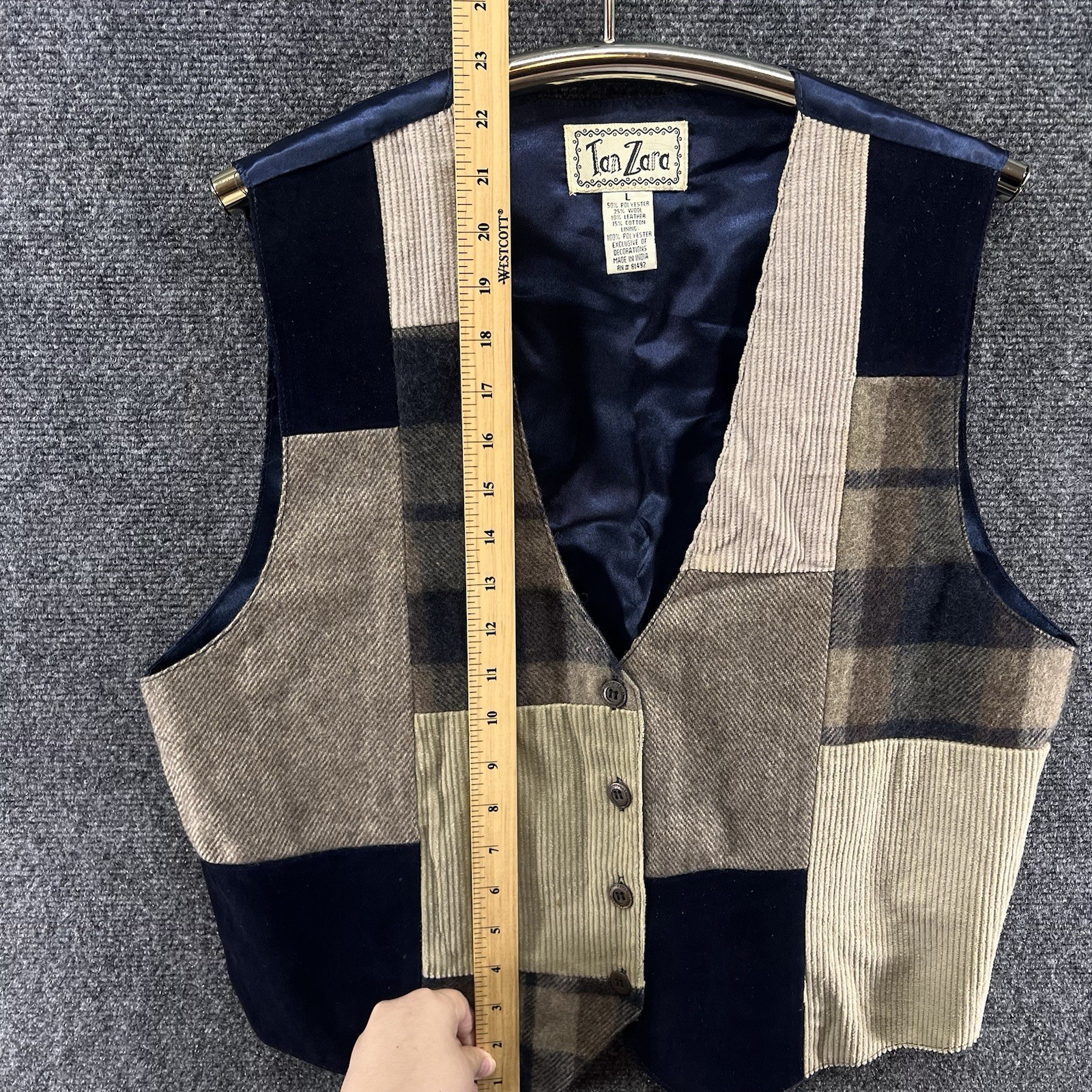 Vintage Tan Zara Patchwork Vest Womens Large Plaid Wool Leather Blend Beige Tan
