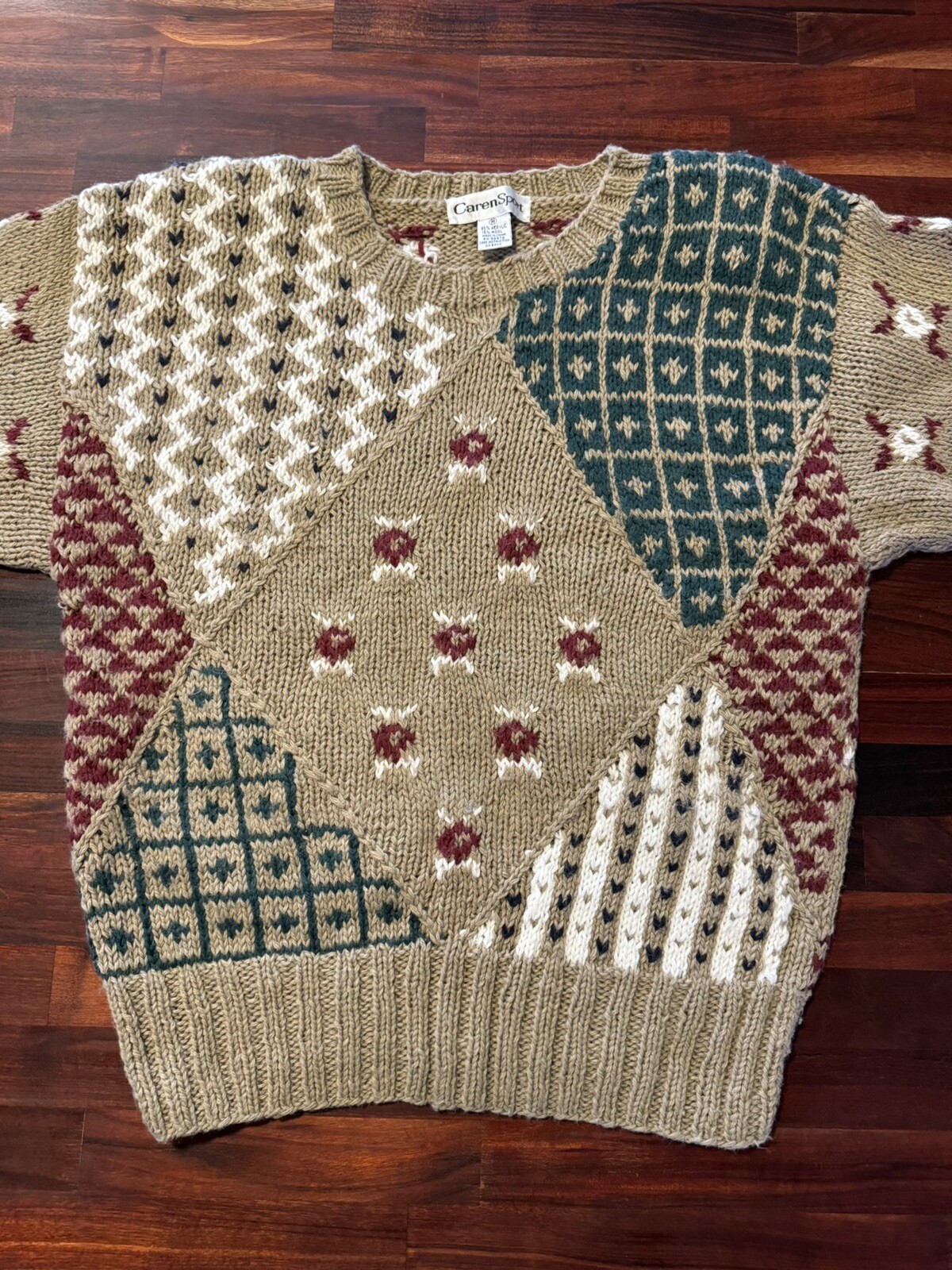 Vintage Chunky Knit Sweater Medium Caren Sport Cottagecore Tan Maroon Green