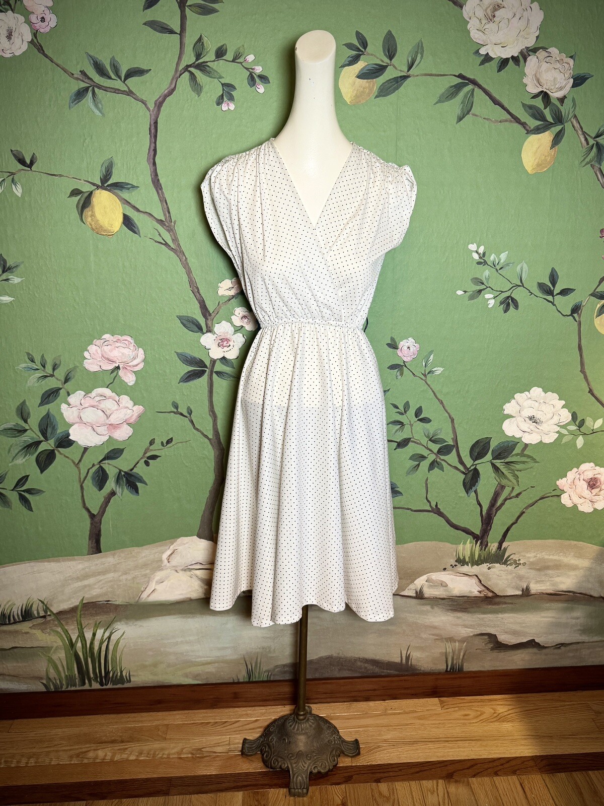 Vintage 1970’s Does 1950’s White Polka Dot Marilyn Monroe Wrap Dress Cap Sleeves