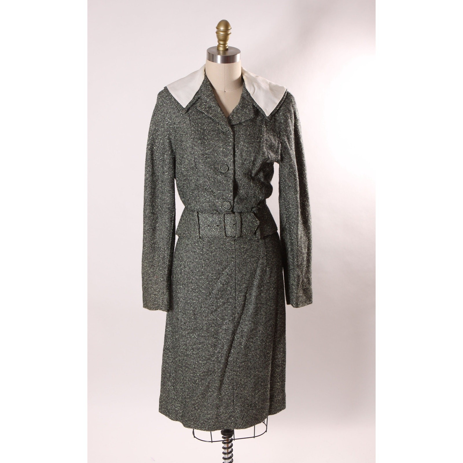 1940s Gray Green White Jacket with Matching Skirt Two Piece Suit by Winston
