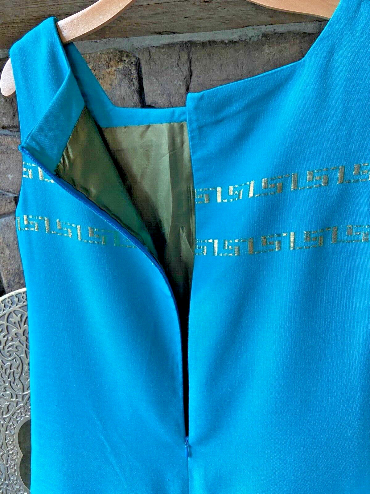 Vintage 60’s Turquoise Mod Shift Dress, Women’s 8-10 Gold embroidery GoGo