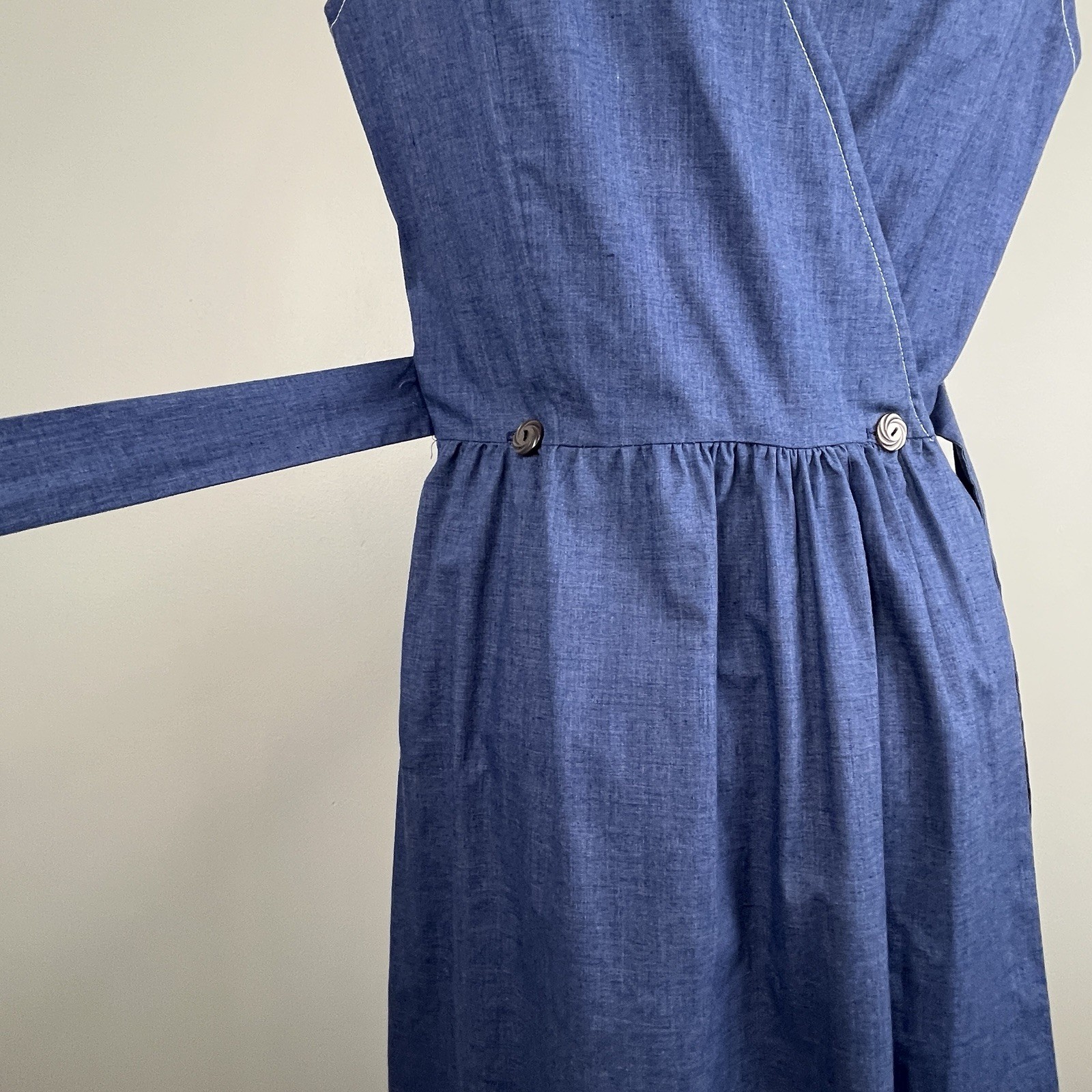 Vintage 1970s Wrap Maxi Dress Concept Swirl Sundress Blue Umbrella Applique S/M
