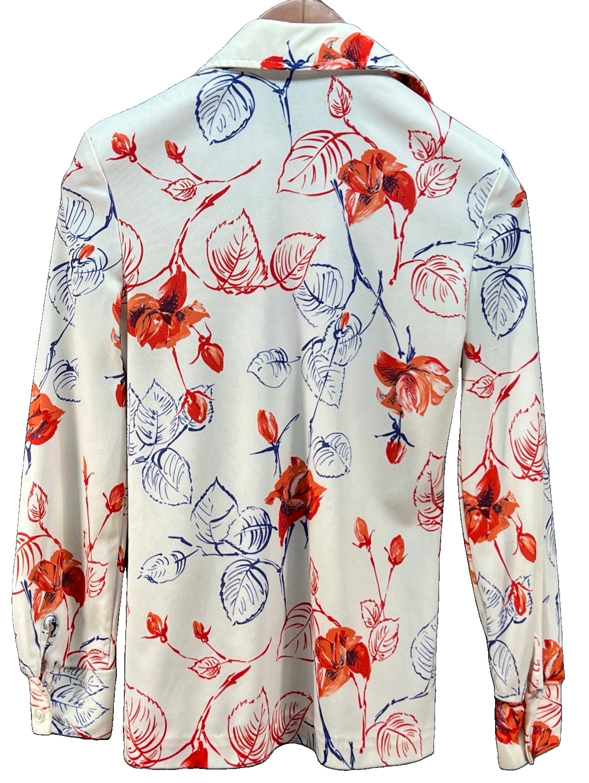70s Vintage Floral Rose Button Up Blouse Retro Disco Mod Red White Top Dagger