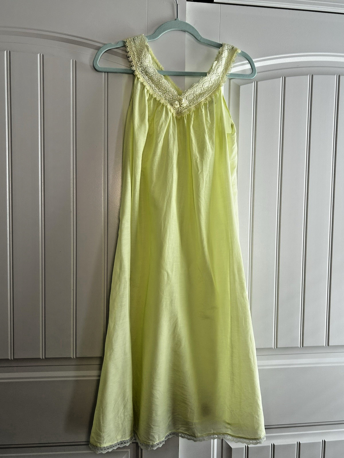 WinterSilks Nightgown Lt Green/Yellow Lace Trim Silk Cotton Blend SZ PM Coquette