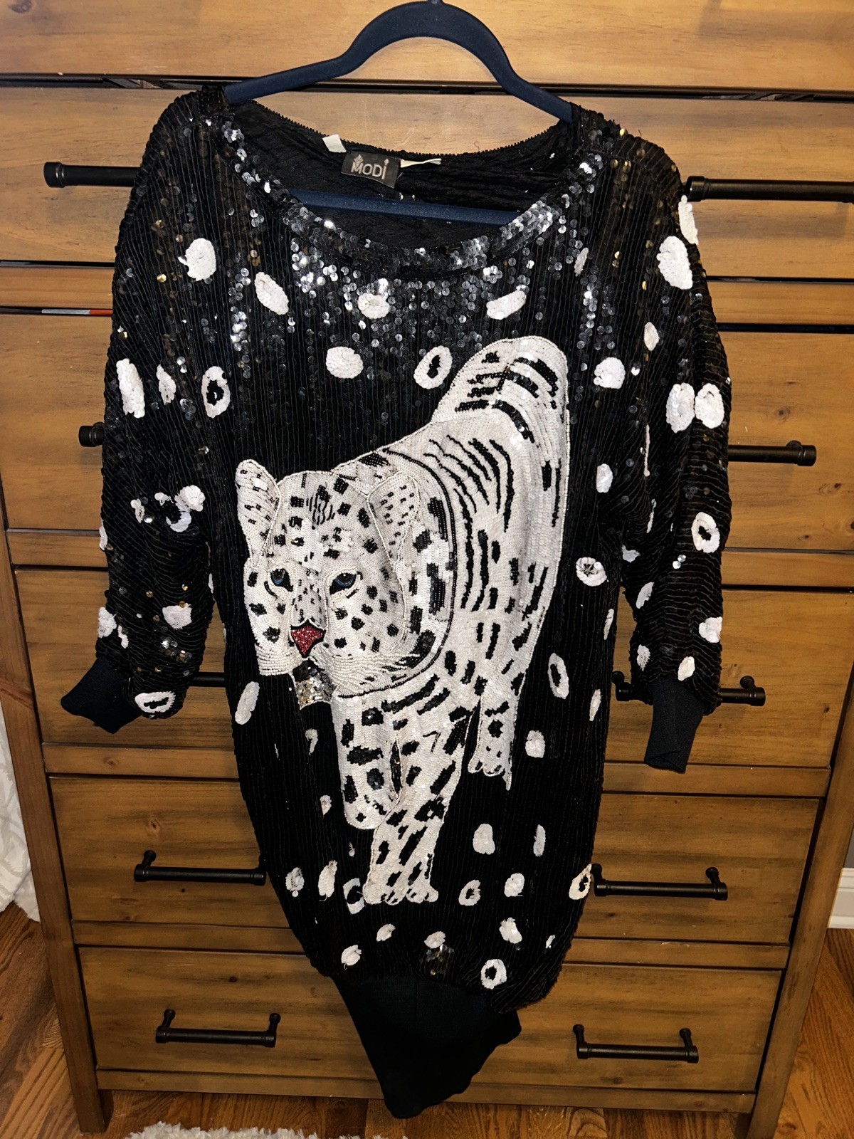 True Vintage 80s Sequin Beaded Tiger Top Dress Black Silk Batwing Sleeve One Siz