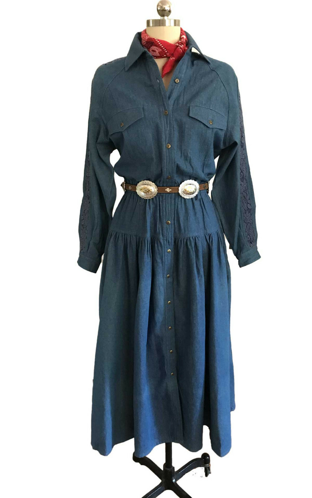 Vtg 80s Cowgirl Dress TOGETHER! Denim Button Front Lace Insert Wide Sweep tag 8