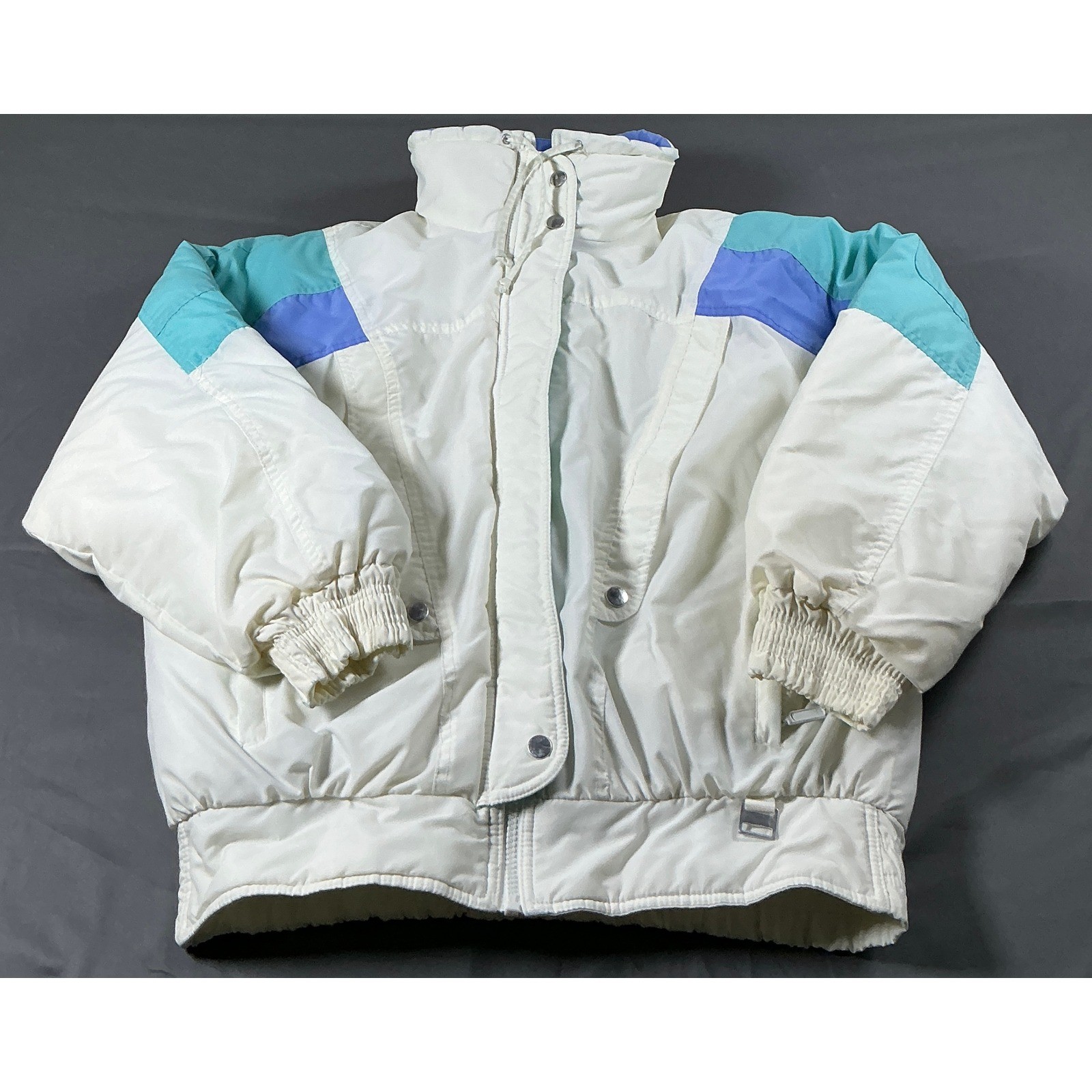 Chalet Ski Wear Women White Teal Blue Colorblock Puffer Jacket Medium Vintage