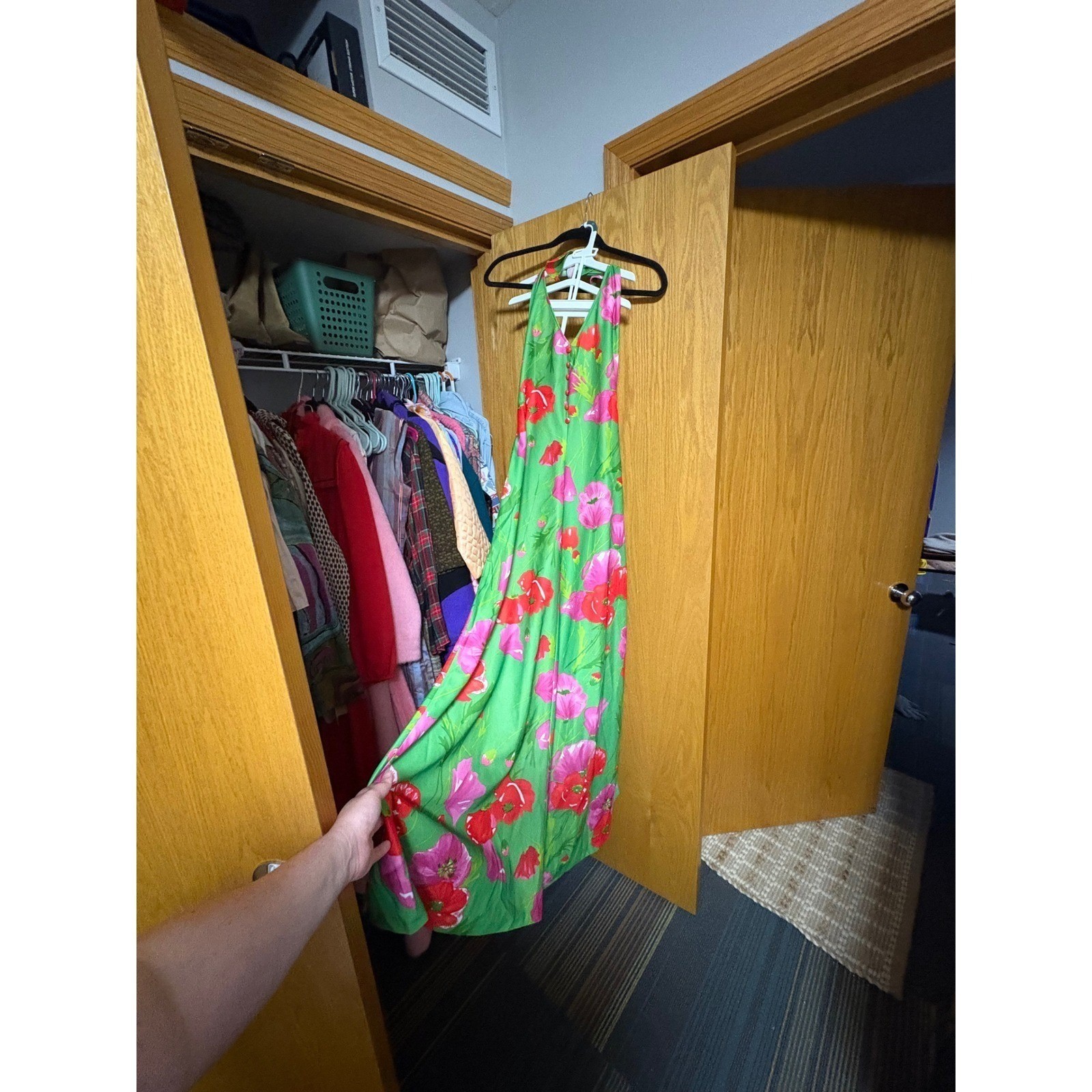 Vintage Aldens Fashions Maxi Dress Green Floral Halter Dress 70s Style Party grn