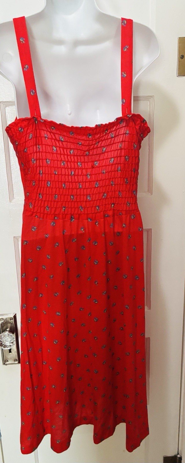 VTG 70s Tomato Red Prairie Cottage Core Hippie Festival Folk JerseySun Dress M L