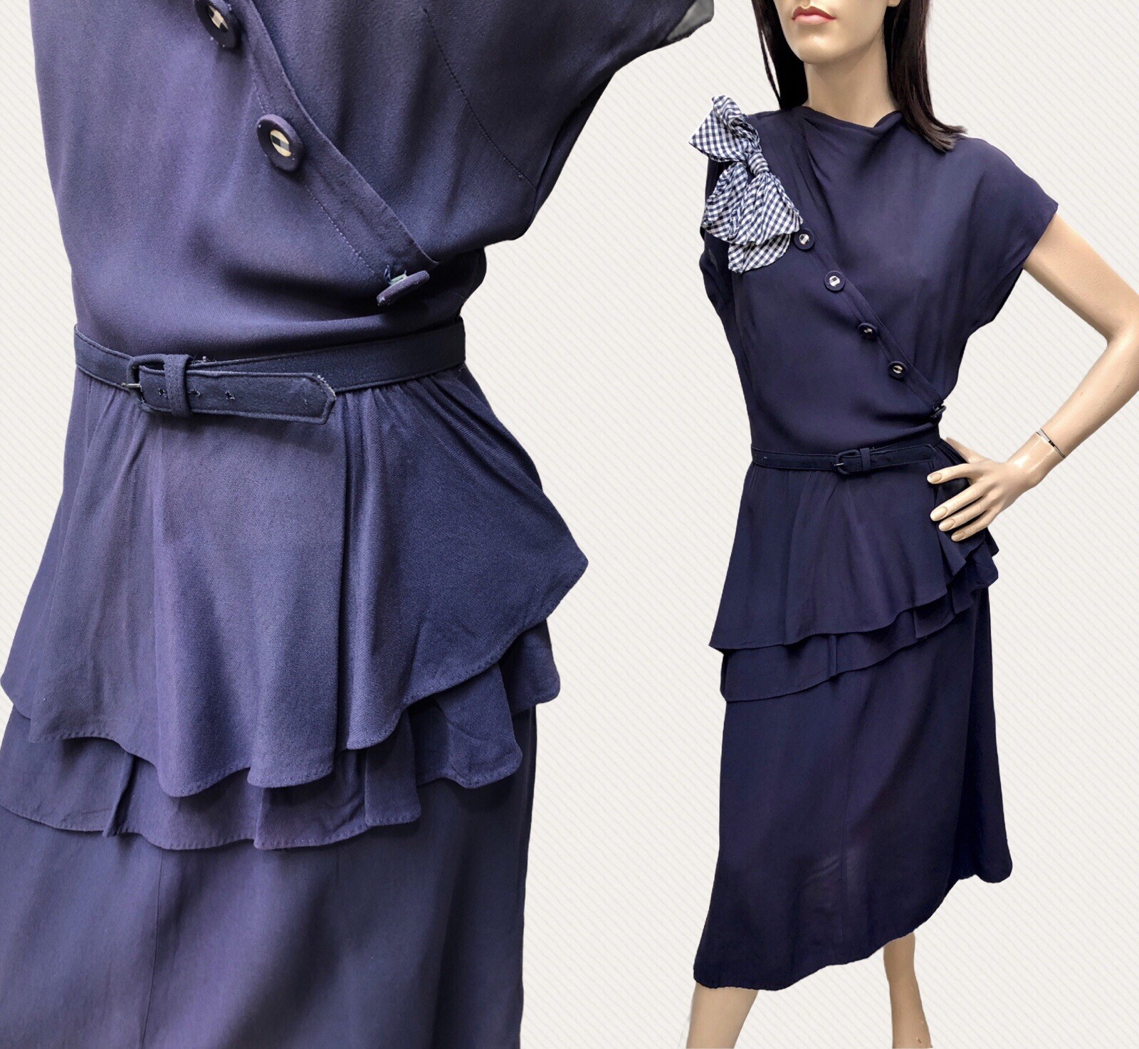 VTG 1940s Rayon Crepe ASYMMETRIC Waterfall PEPLUM Swing Dress *GINGHAM Accents