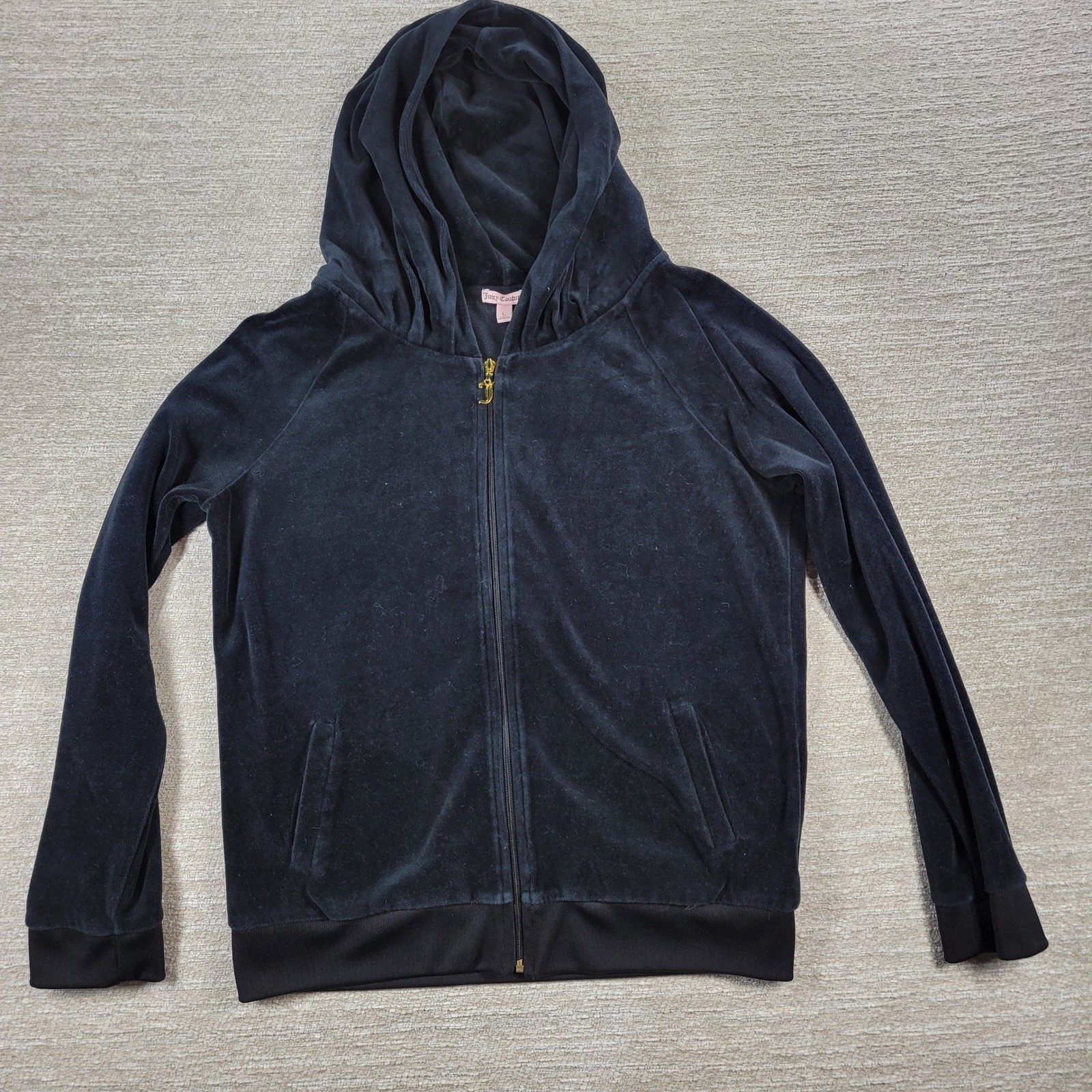 VTG Juicy Couture Velour Track Suit L Black Gold Bling Y2K Low Rise Hoodie Cozy