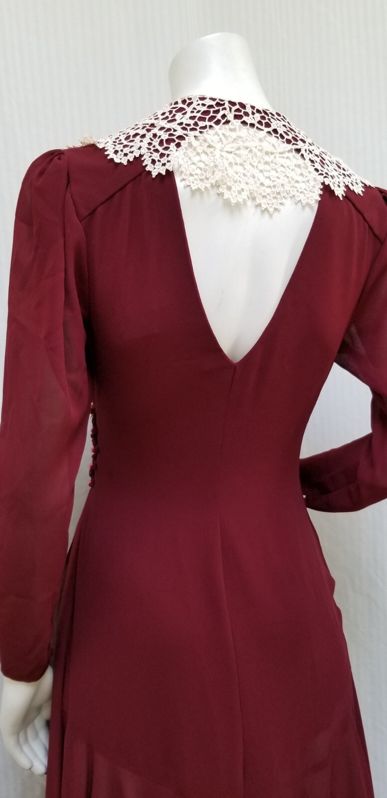 Vintage CASADEI Burgundy Chiffon Wrap Dress w/ Crochet Trim – Size S – EUC