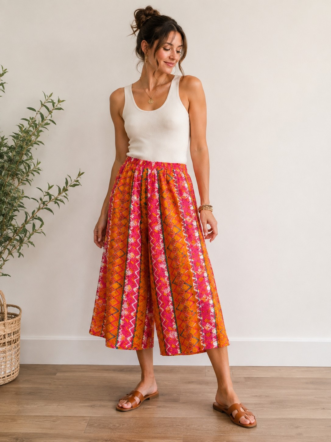 Vintage Gene Ewing BIS Silk Wide Leg Culottes L/XL Boho Maximalist Art 1980s
