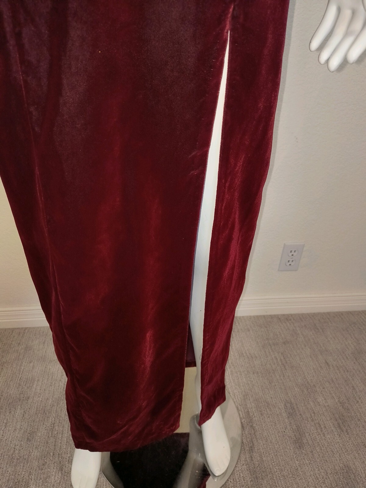 1990s L.A. GLO Burgundy Velvet Long Cabaret Gown w/ Leg Slit, Sz 9-10