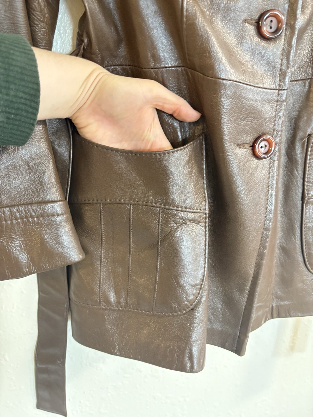 70s Womens S Raccoon Fur Brown Leather Peter Caruso Belted Jacket Coat Vintage
