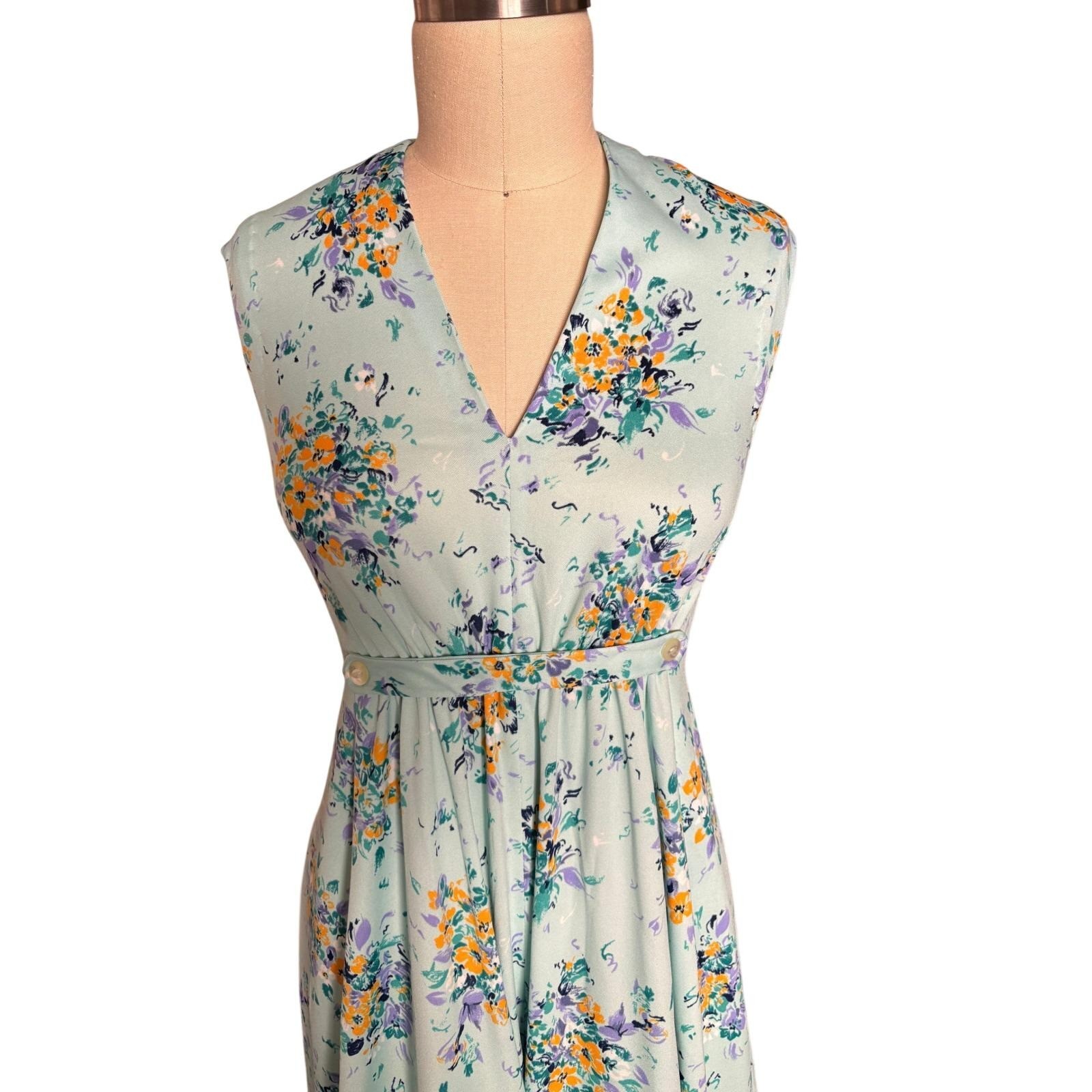 Vintage 70s Floral Empire Waist Maxi Dress Mint Blue Prairie Cottagecore M