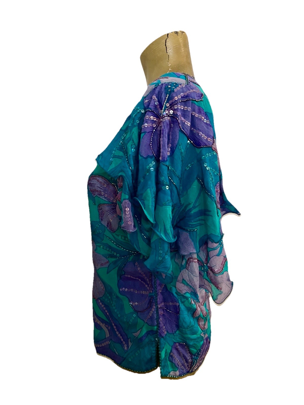 JUDITH ANN CREATIONS Vintage 80’s SILK Beaded TROPICAL Floral BLOUSE Size Small