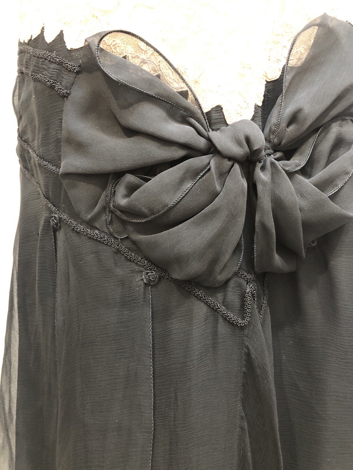 VTG Antique 1920s SILK CHIFFON FLAPPER DRESS w/TAMBOUR LACE BODICE & Rosettes