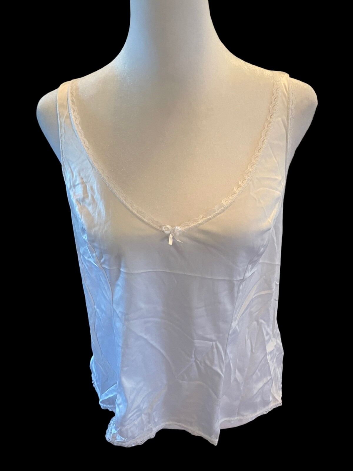 Vintage Vasserette V-Neck Cami Top Lace Trim Size Large White 100% Nylon Stretch