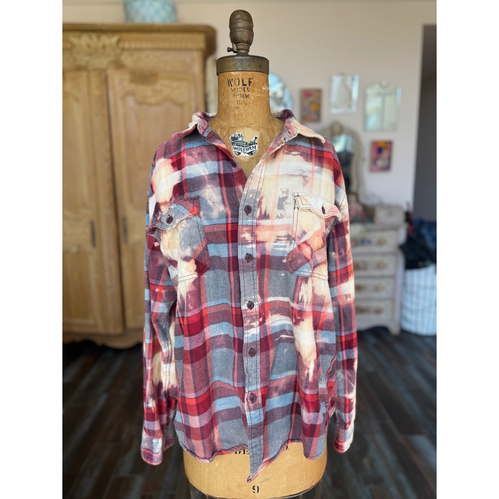 Upcycled Butterfly Flannel Shirt Large Bleach Dyed Love Heals Cotton