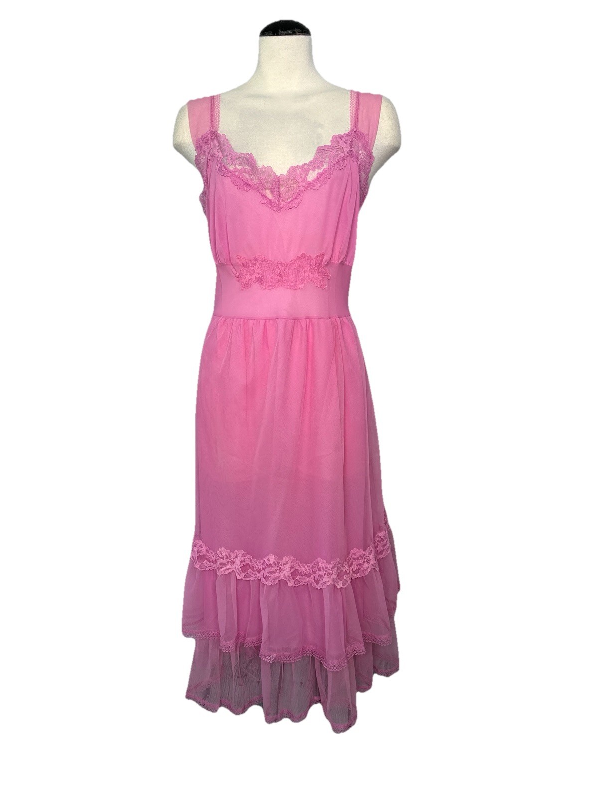 VTG NOS 60s HTF Volup Sexy Bright Pink Chiffon Lace Nightgown Ruffled Nylon L/XL