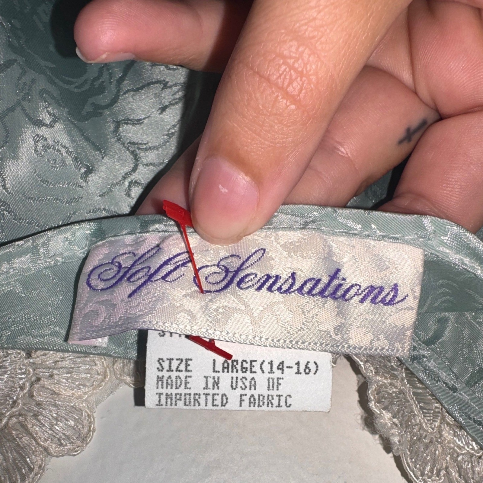 Vintage Soft Sensations Sage Green Floral Satin Lace Trim Nightgown Slip L 14-16