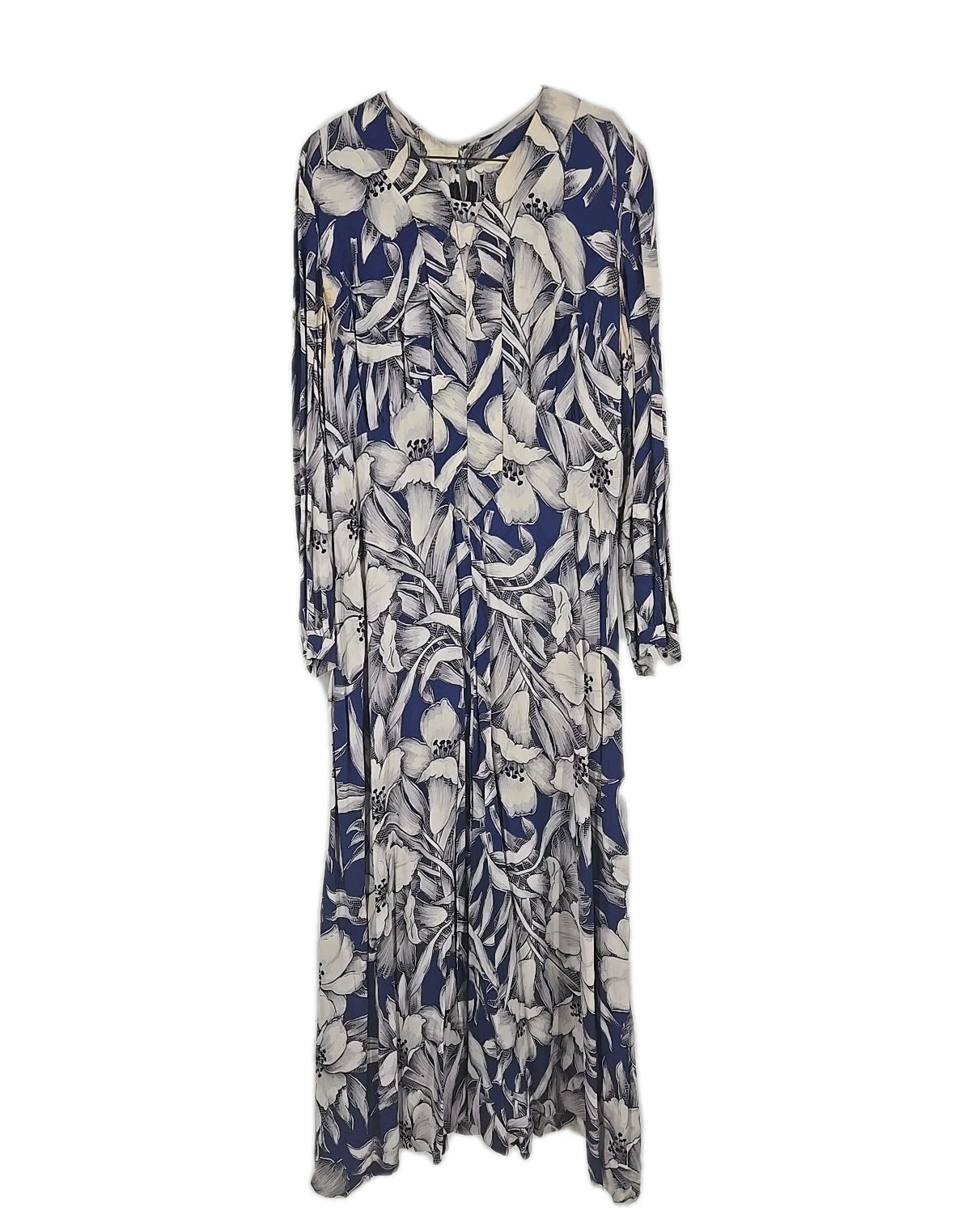Vintage 1940s Cold Rayon Dress, Blue White Gray & Black Floral Print Large