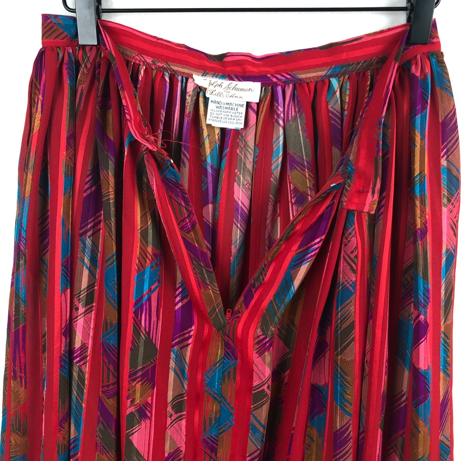 VTG Lilli Ann Adolph Schuman Abstract Geometric Midi Skirt 27W Red Pockets USA