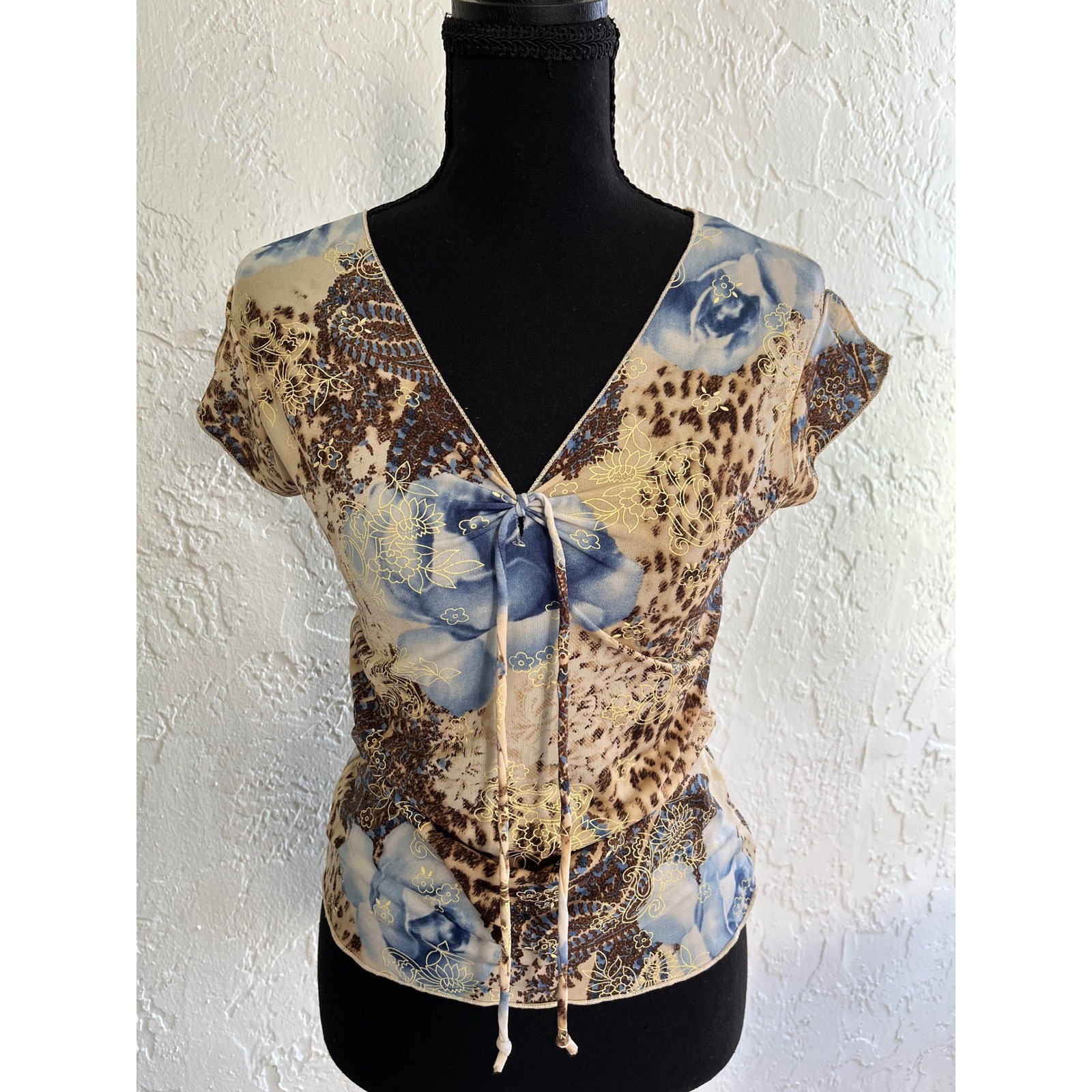 Vintage Rave Y2K Mixed Print Top Blue Rose Leopard Paisley V-Neck Tie Front M