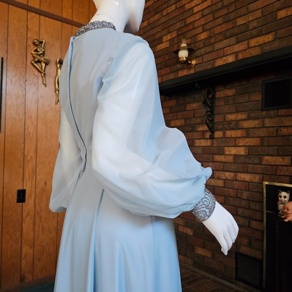 Vtg 70s Dreamy Chiffon Bishop Sleeves Powder Blue Prom Gown Bewitched Dress M