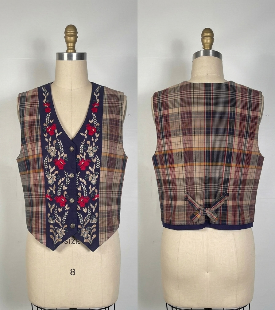 Vintage 1990s Embroidered Floral And Plaid All Cotton Vest Size M
