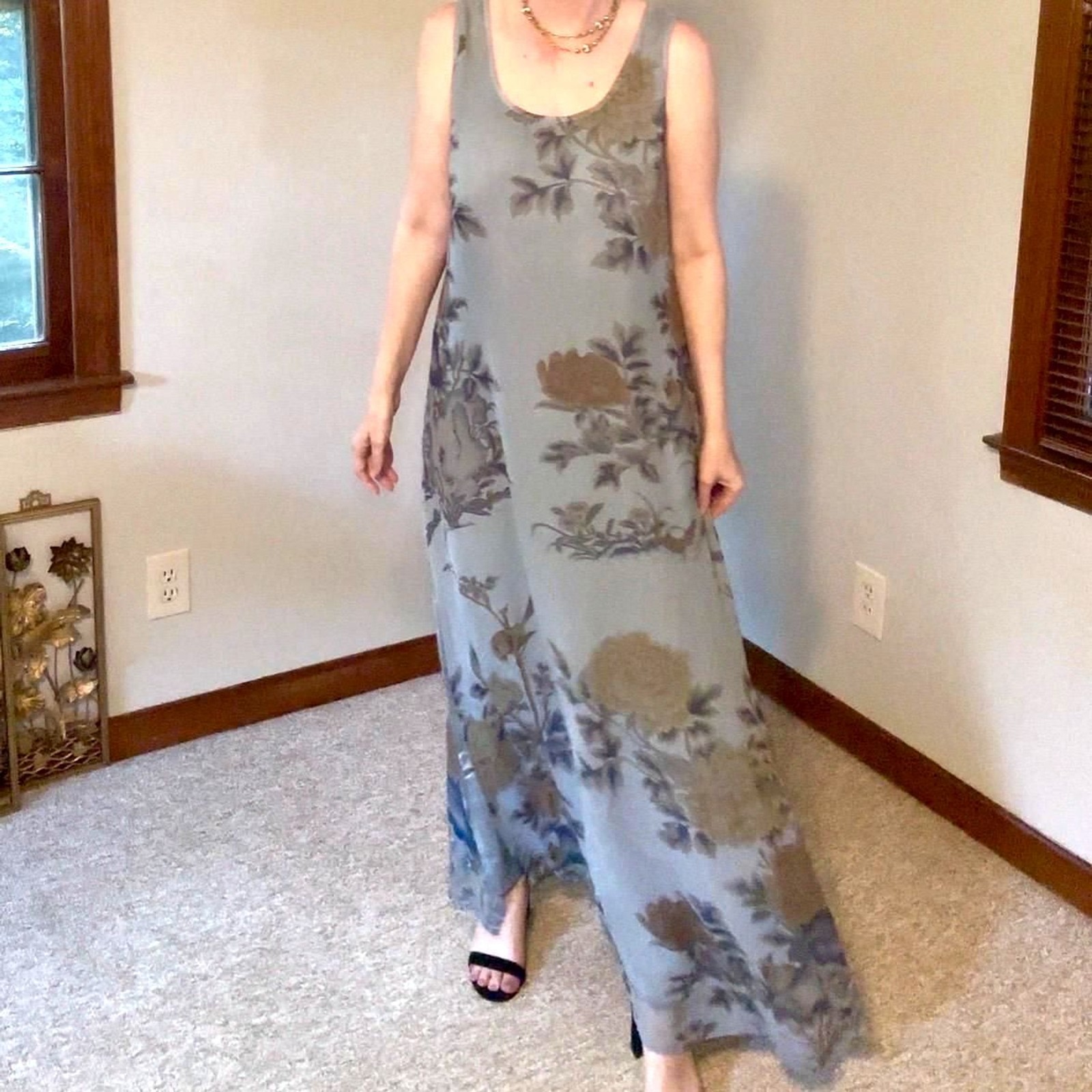 Vtg 90s Citron Santa Monica Silk Floral Maxi Dress Pale Blue Floaty Romantic M