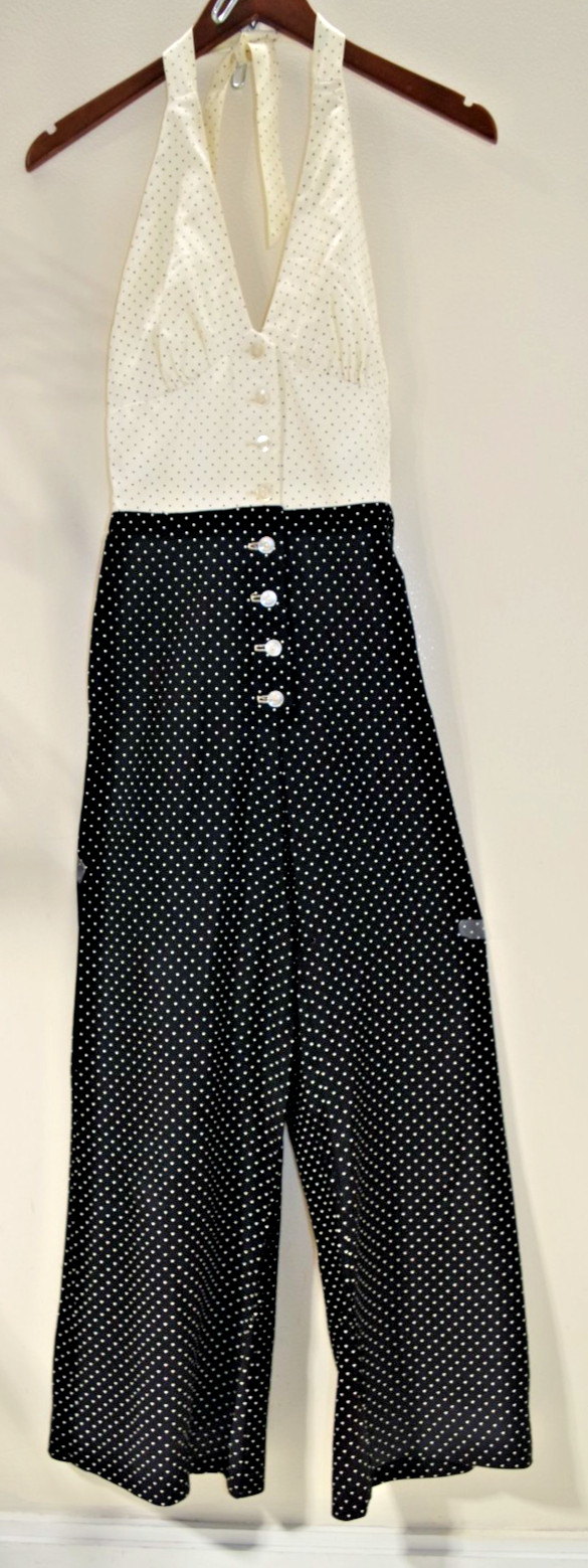 H4 True Vintage Black & Whited Painted Dots XXS Halter Jumpsuit & Jacket