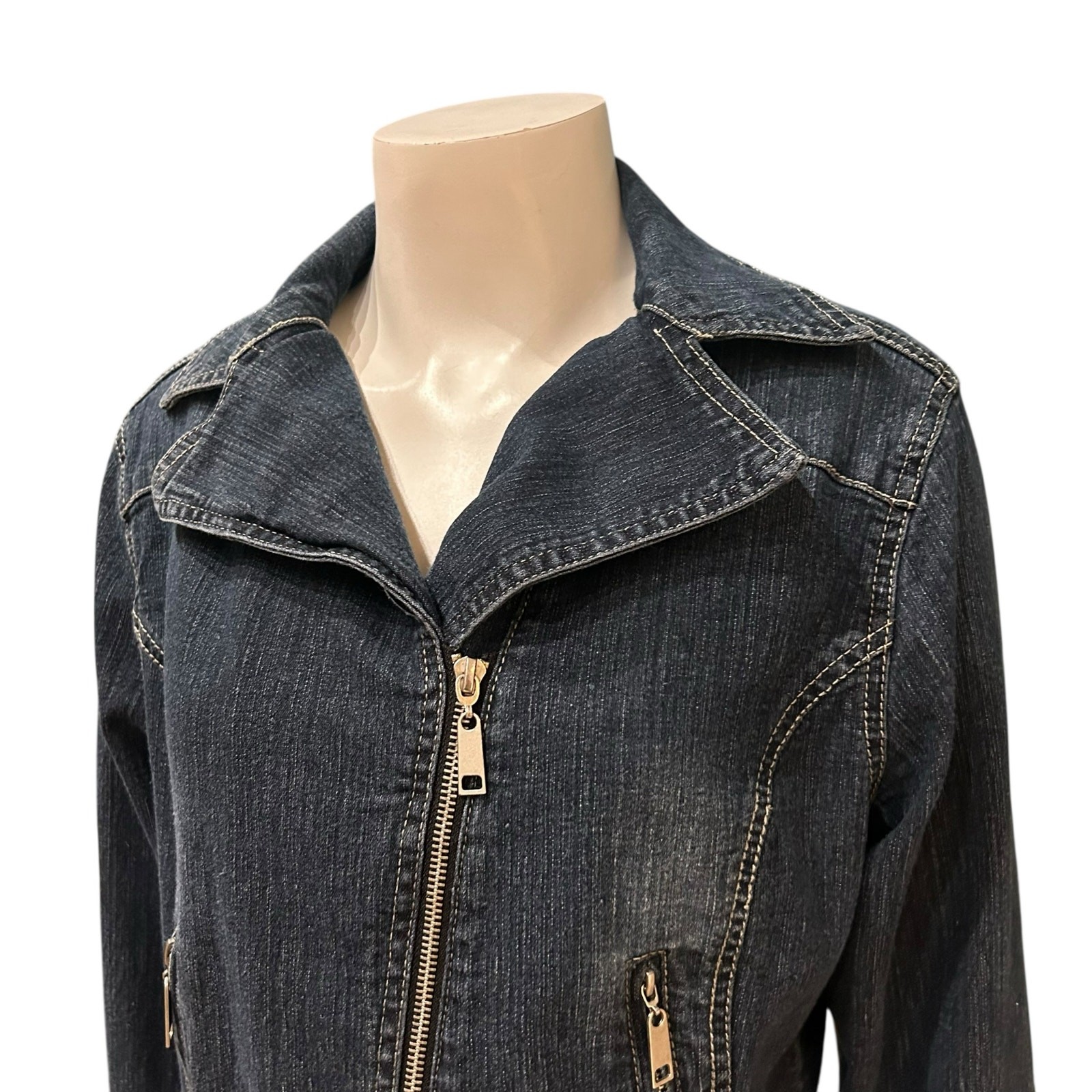 Y2K Cropped Denim Moto Jacket Asymmetrical Zip Front Stretch / Women’s Small ^