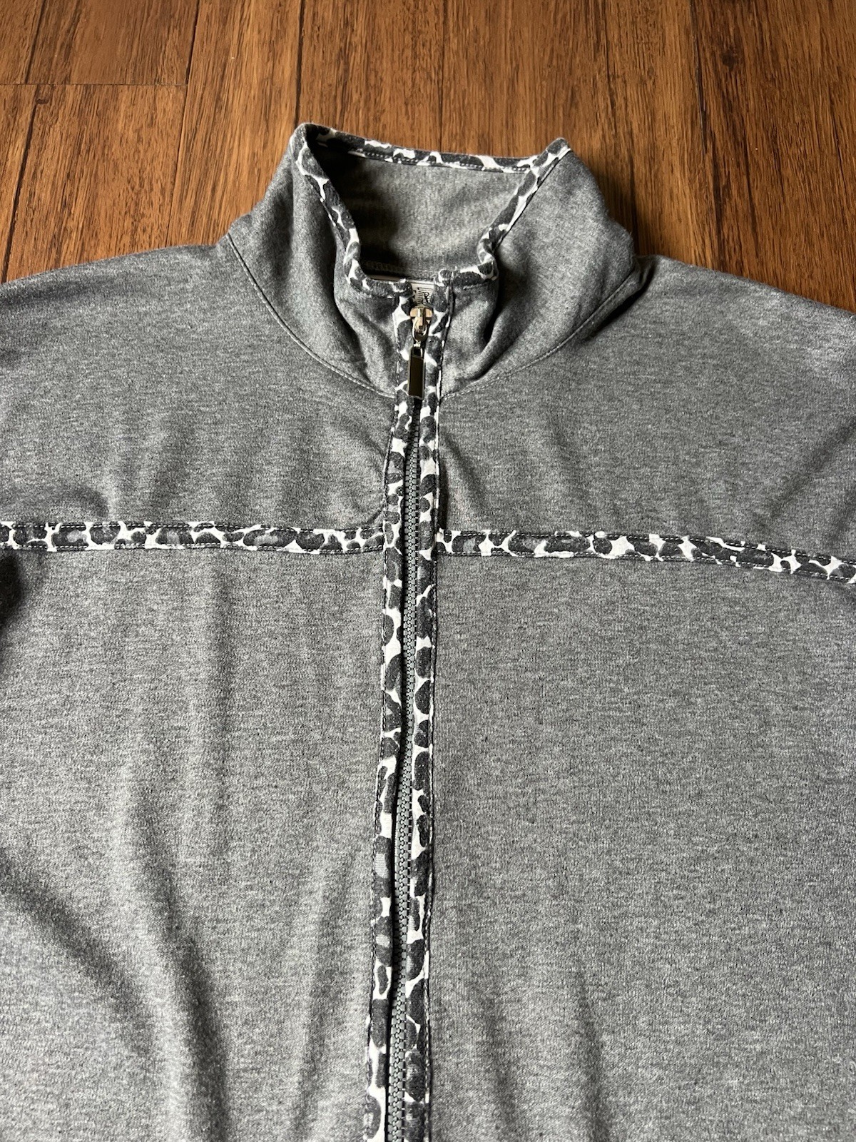 Vintage 90s Full Zip Sweater XL Gray Animal Cat Embroidered Mock Neck Grandma
