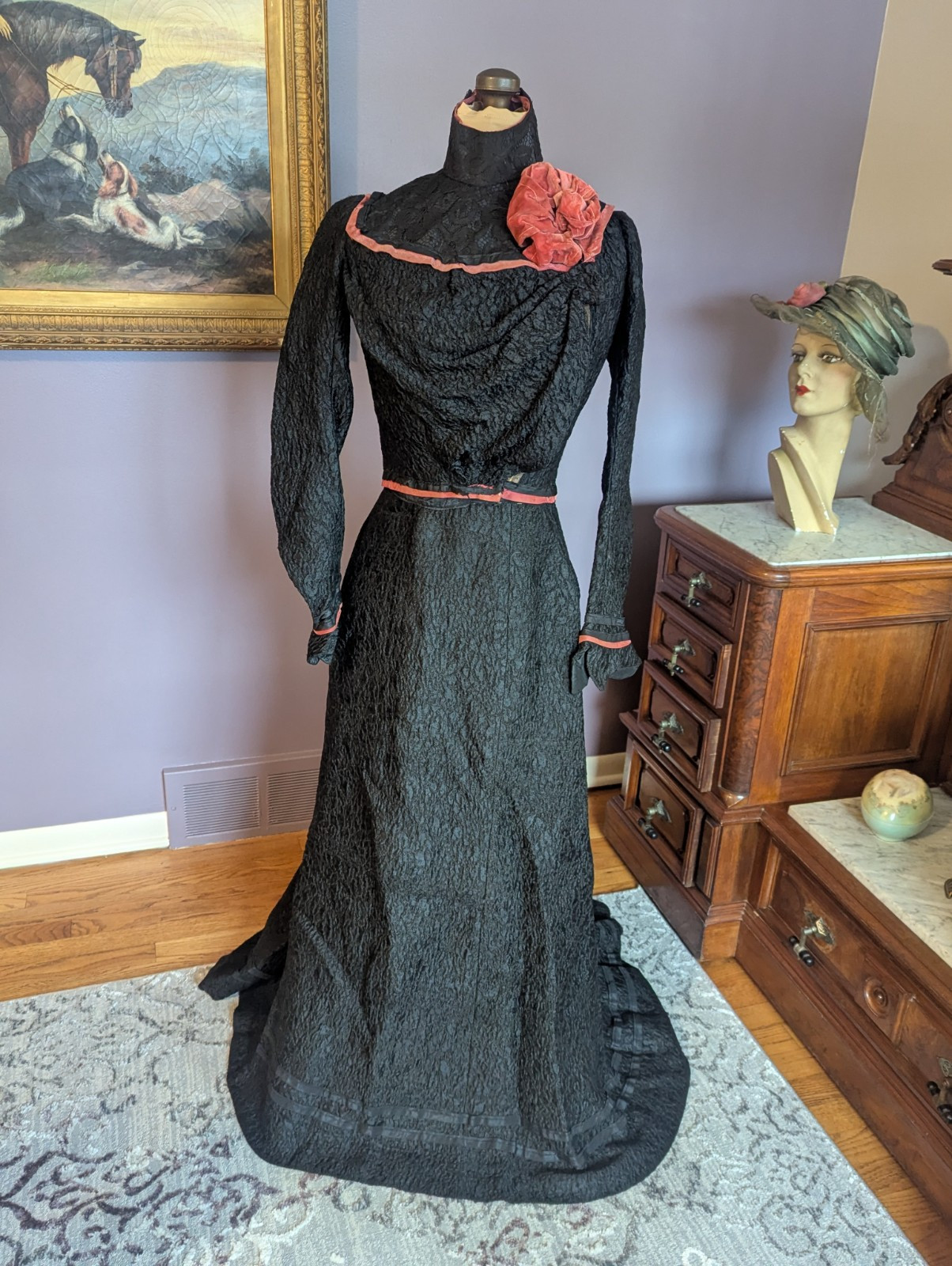 Antique Victorian Edwardian ca 1890’s – 1900 2 Piece Dress Velvet Rose and Trim