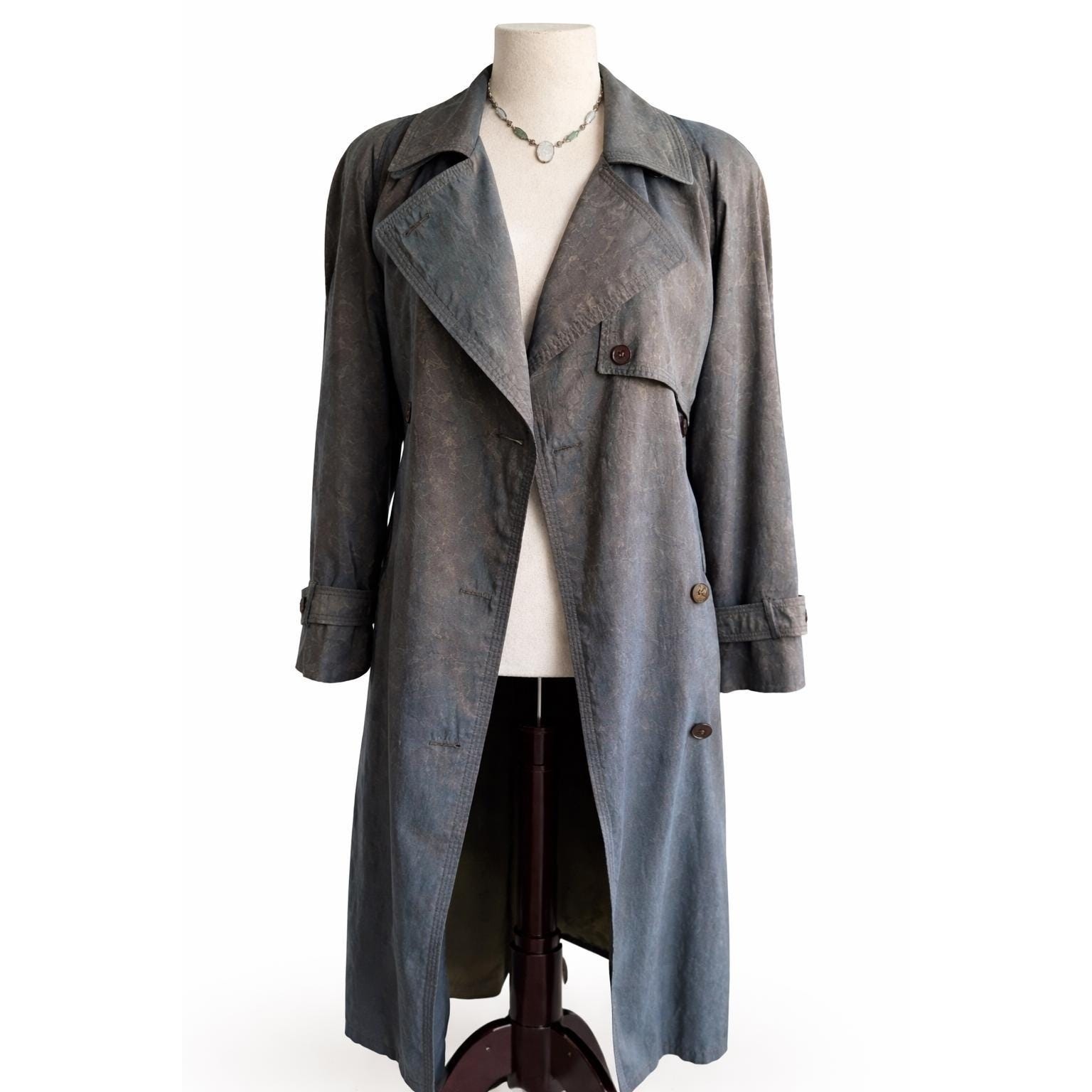 Vintage 90s London Fog Blue Gray Jacquard Trench Duster Jacket Women’s Size 10
