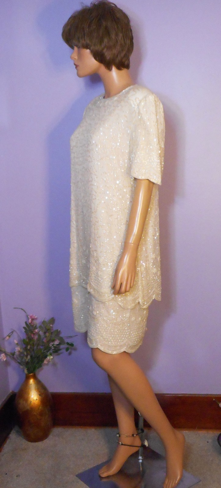 Vtg ‘80s Brilliante Winter White 100% Silk Sequined & Beaded Party Dress, L