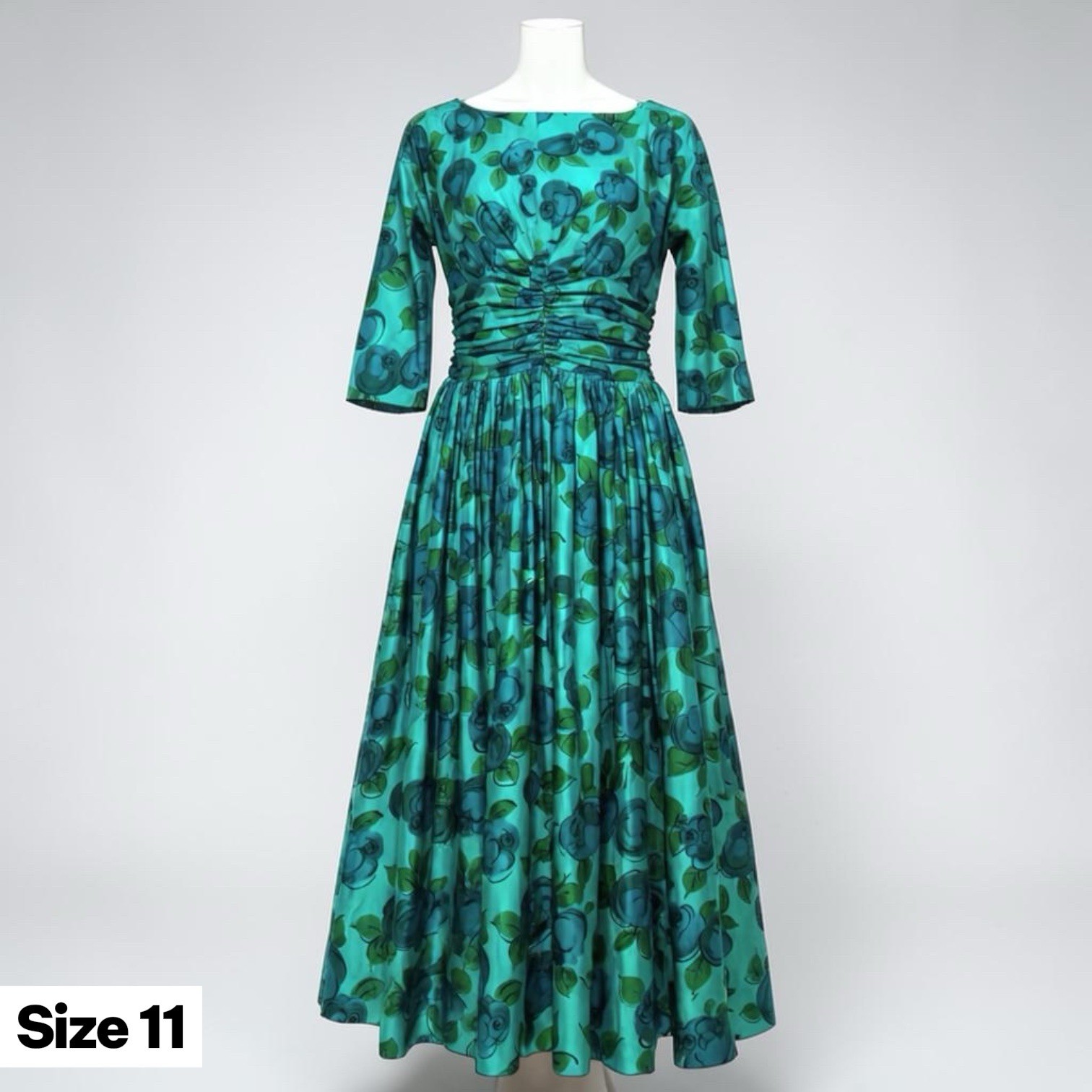 Vtg 50s Teal Blue Watercolor Floral Day Dress Fit Flare Garden Tea Party Small