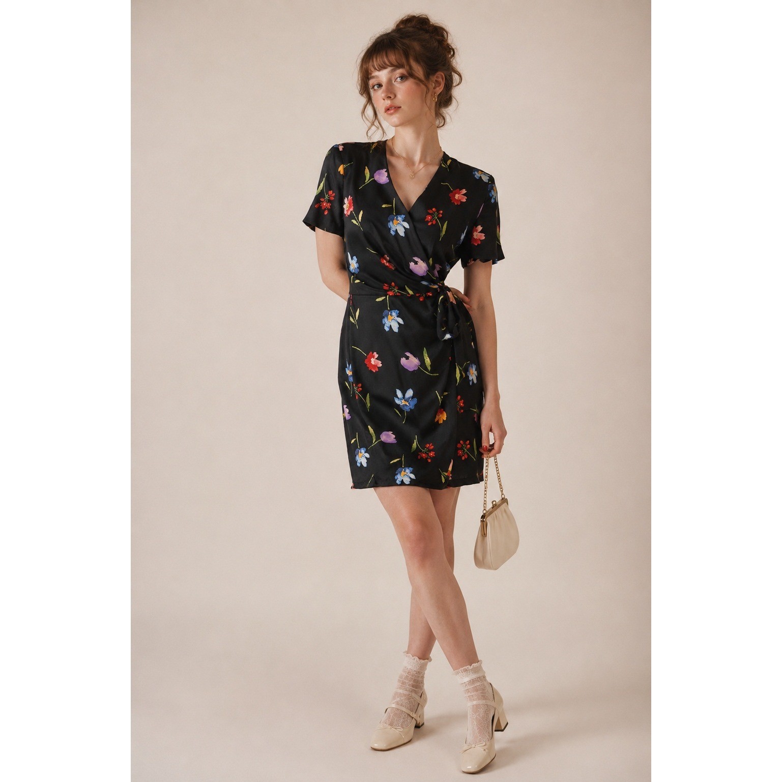 VTG Maggy London Silk Wrap Dress 4 Black Floral Botanical Parisian Chic Retro