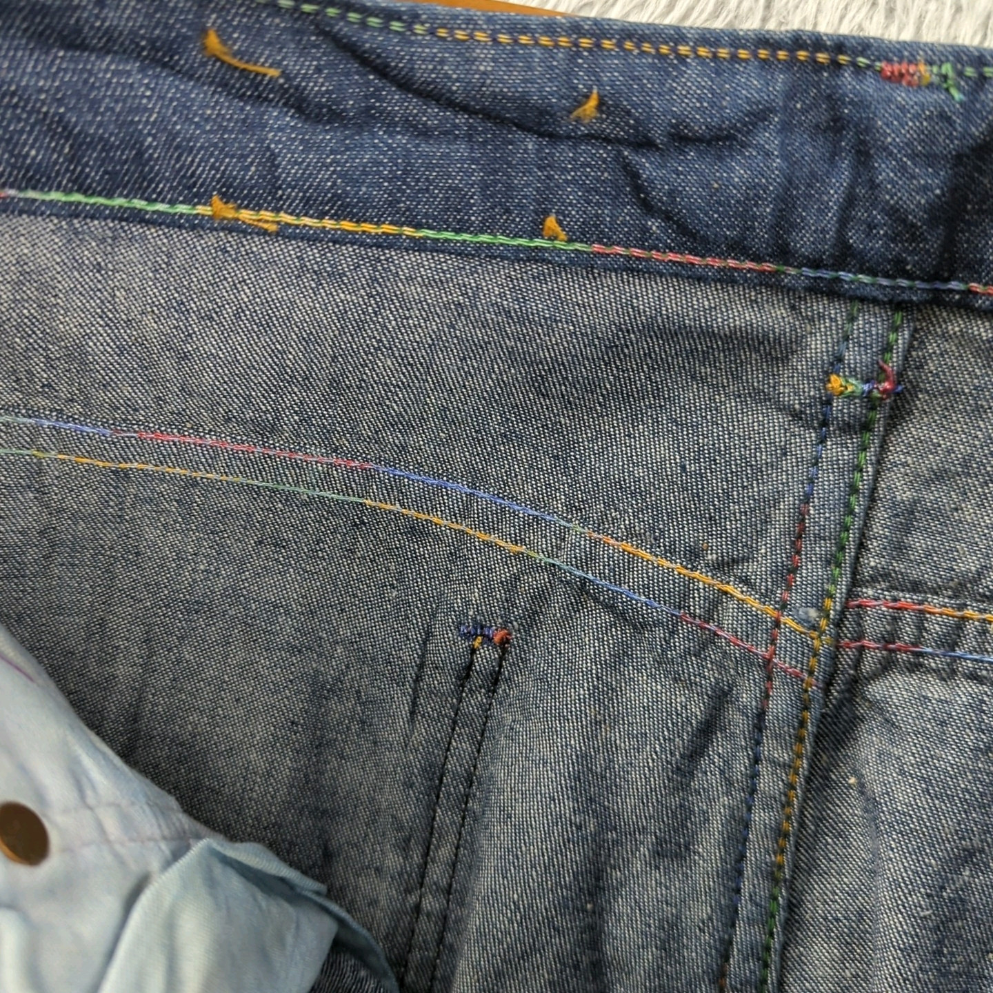 Vintage 1970s Farah Jeans Womens 31 XL Blue Flare Bell Bottoms Rainbow Stitch
