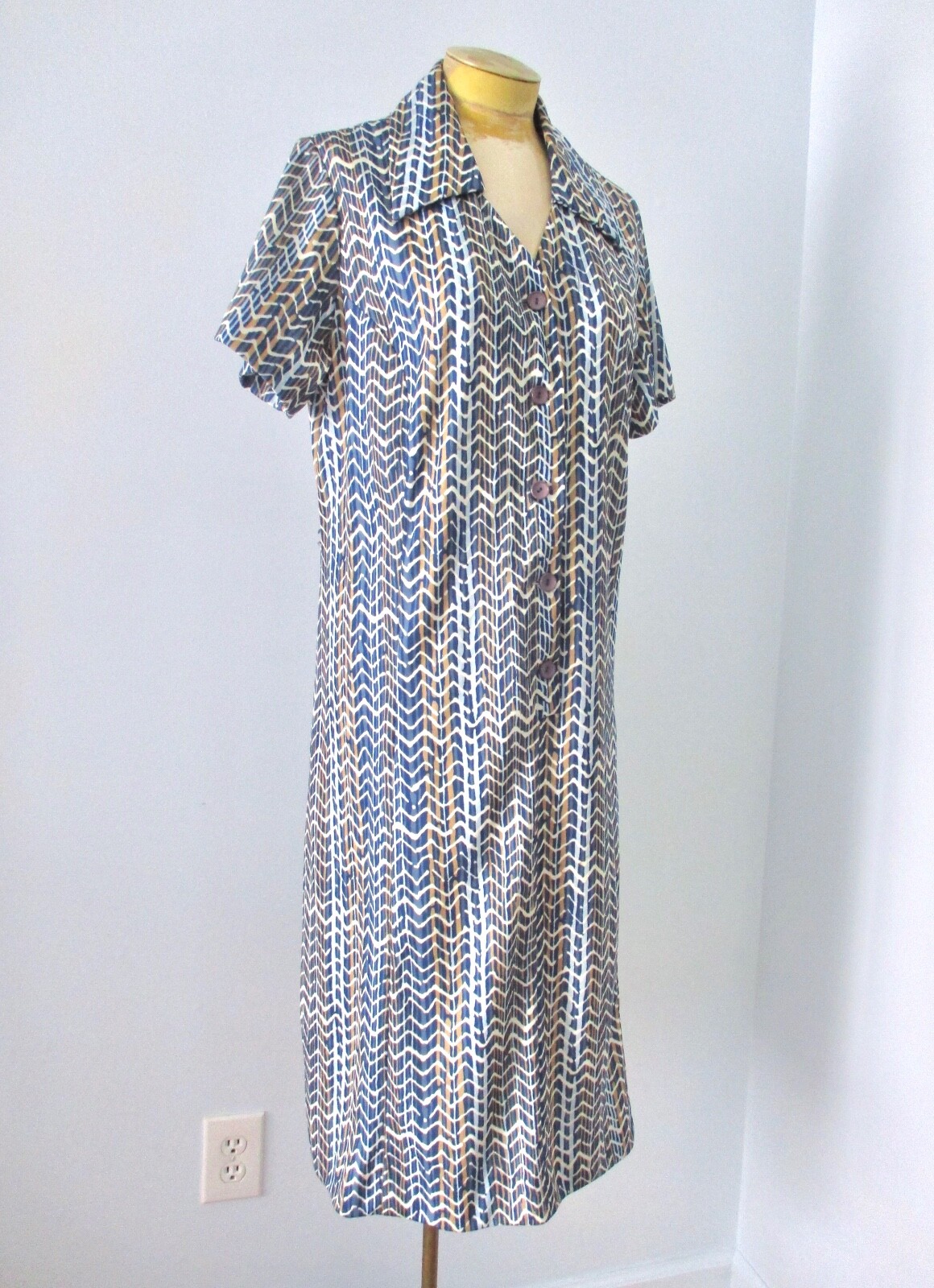Vtg 60s 70s Blue Beige ZigZag Stripe Poly Knit Sheath Shirt Day Dress Sz 20