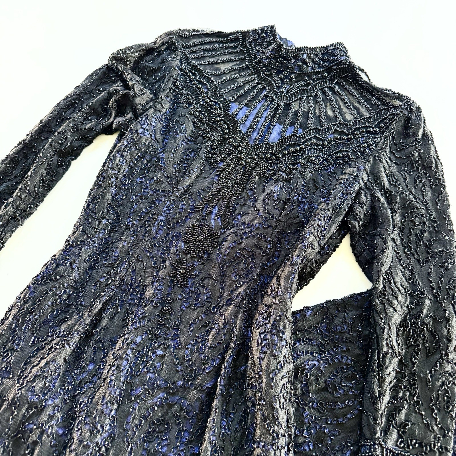 Vintage Handmade Regal Black Beaded Evening Gown With Front Slit Size Small