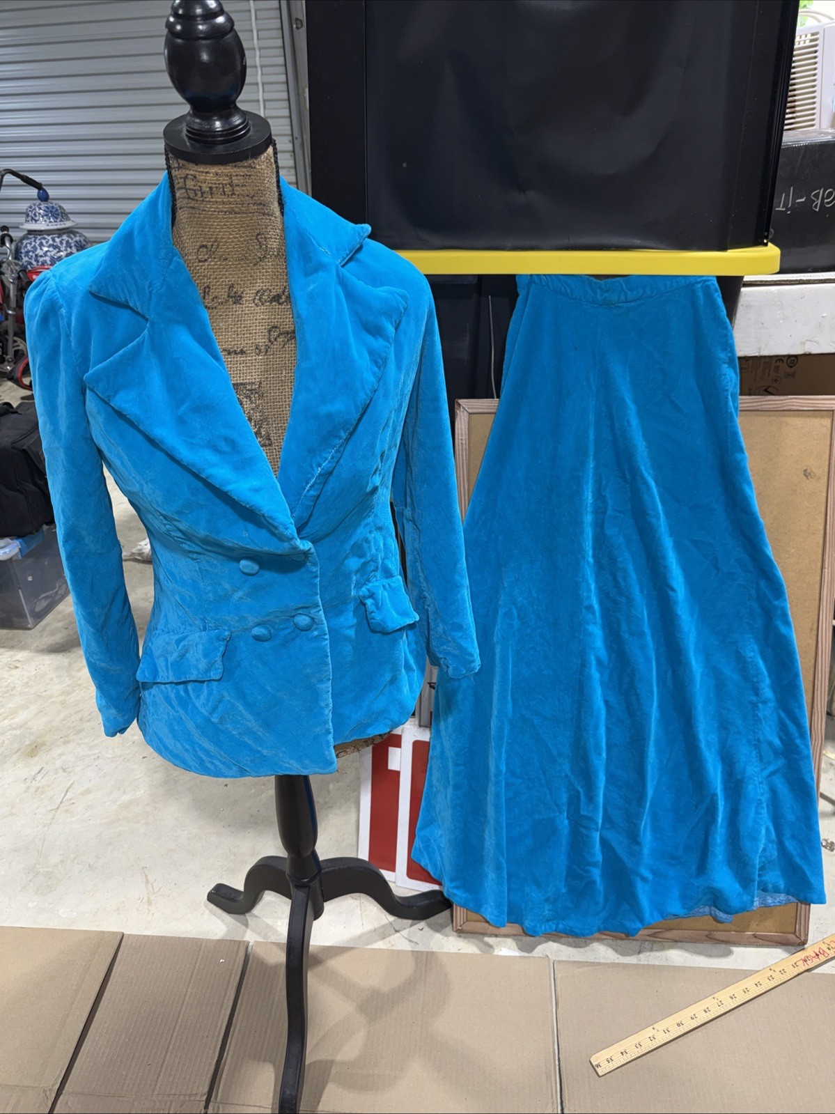 Vintage 1960s Blue Velvet Maxi Skirt Suit With Matching Jacket