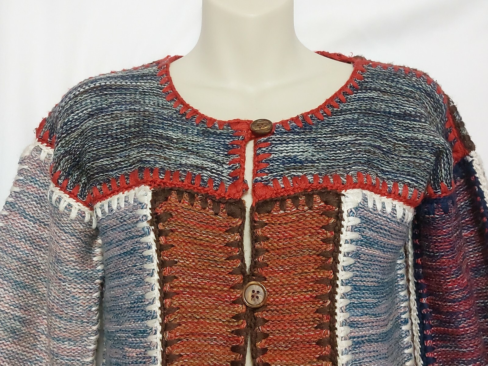 Vintage Wenjilli Patchwork Long Cardigan Sweater Size 11/12 -S/M Wool Blend