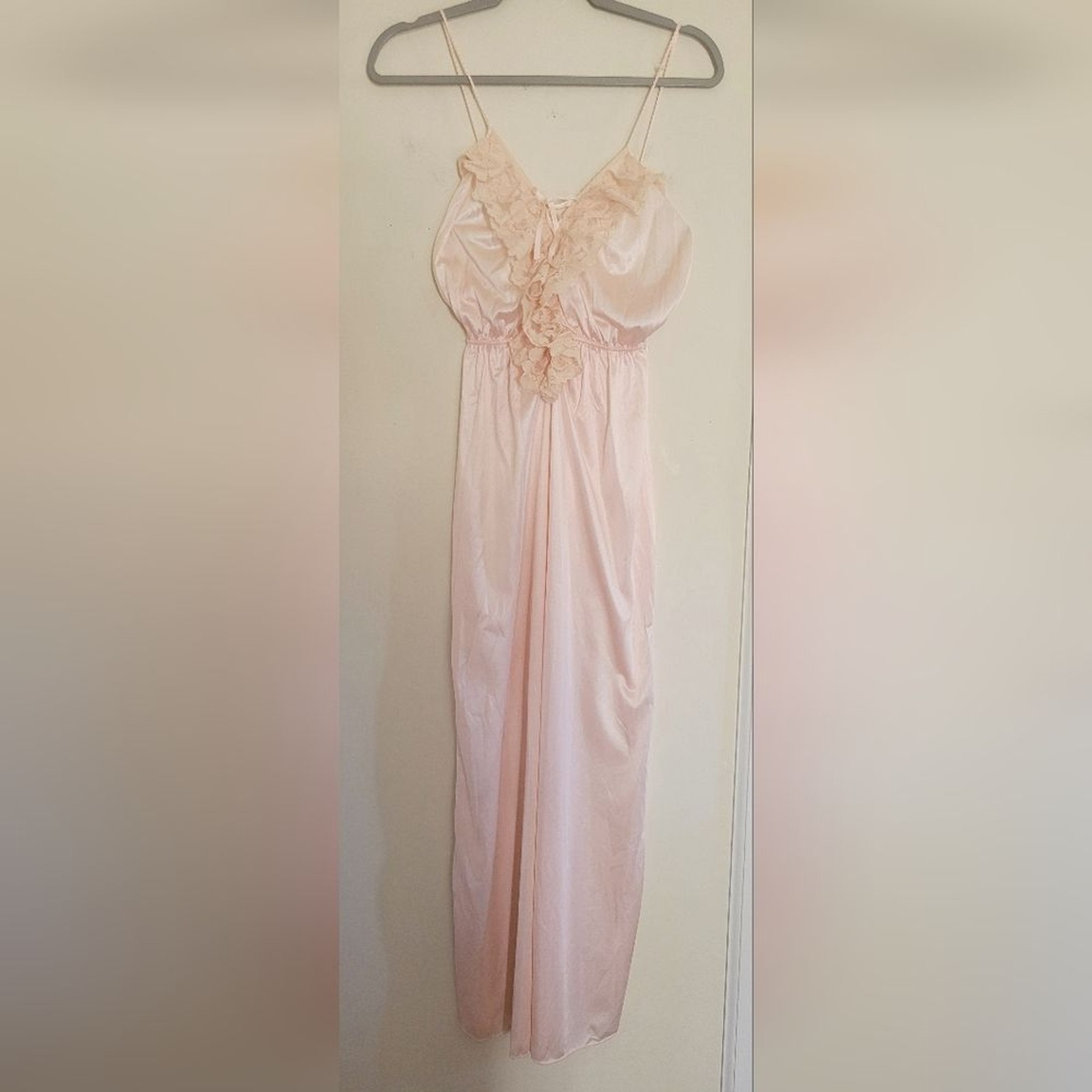 Vintage 60s Pink Flair Lace Corset Tie Backless Nylon Maxi Slip Lingerie Dress