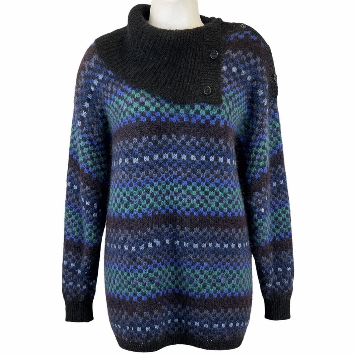 80s 90s BOUNDARY WATERS Sweater Size XL Mohair Blend Asymmetrical Button Cowl
